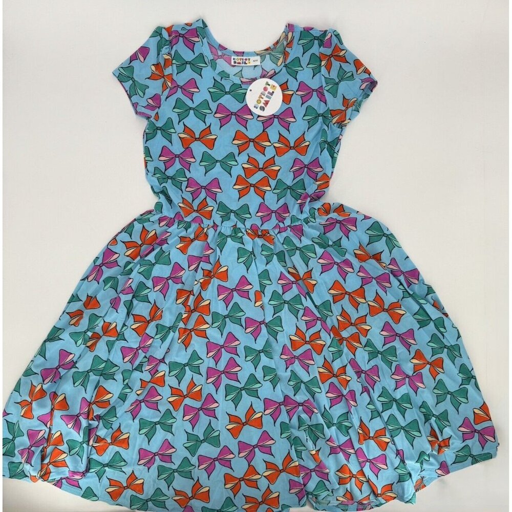 Dot Dot Smile Girl's Cap Sleeve Dress 8-10 Blue Bows Print Short Sleeve Twirl
